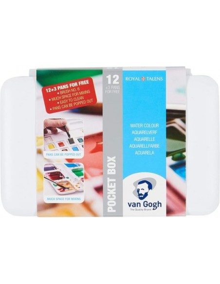 Estuche 12 pastillas acuarela van gohg pocket box 1 pincel nº6 y recipiente compacto para mezclas 3 colores de regalo